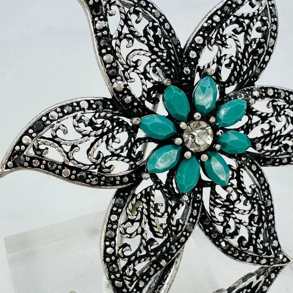 Big 3.25” Flower Brooch Pin Filigree Faux Turquoise Rhinestone Marcasite - Picture 2 of 8
